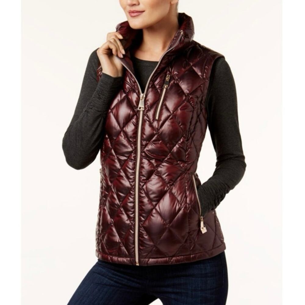 Calvin Klein Down Feather Filled Burgundy Shine Puffer Vest Full Zip Medium
